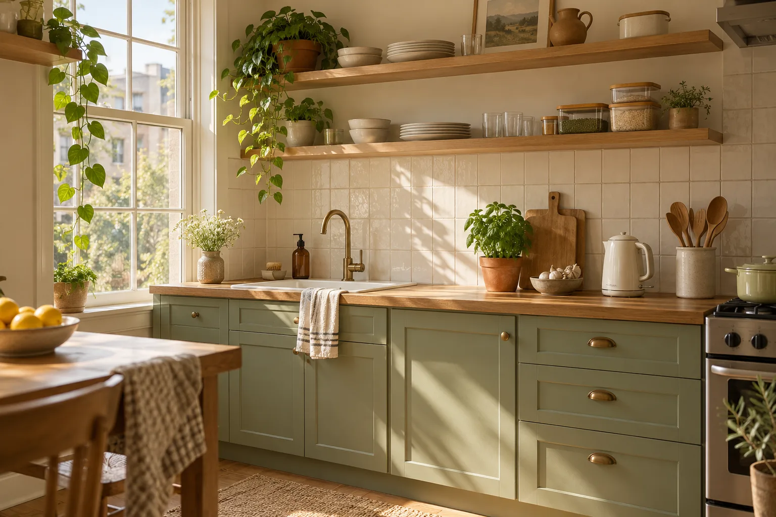 AI-generated illustration of a compact sage-green apartment kitchen